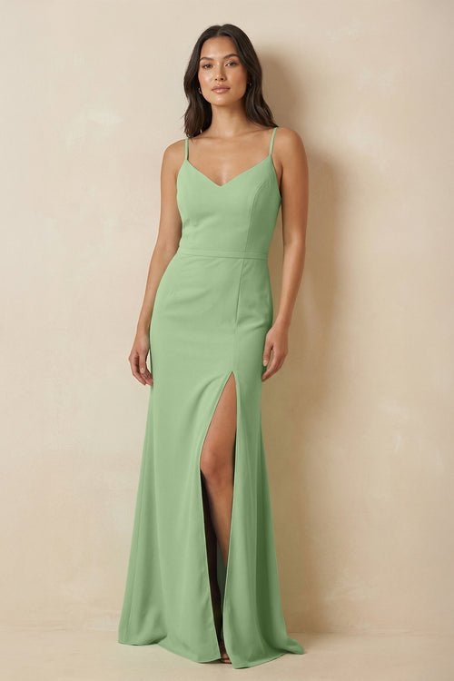Matcha Sheath Cami Strap Chiffon Bridesmaid Dress with Slit | KISSBRIDAL