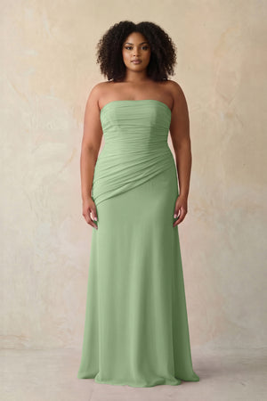 Matcha Sheath Chiffon Strapless Pleated Bridesmaid Dress (3) [sizeplus] | KISSBRIDAL