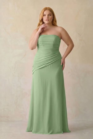 Matcha Sheath Chiffon Strapless Pleated Bridesmaid Dress [sizeplus] | KISSBRIDAL