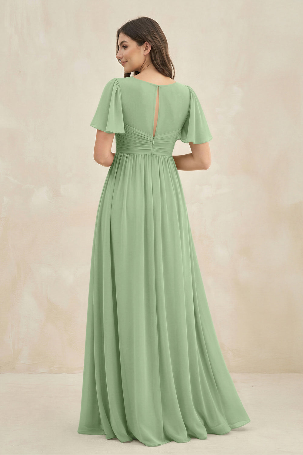 Short Sleeve Chiffon V-Neck A-Line Bridesmaid Dress in Matcha