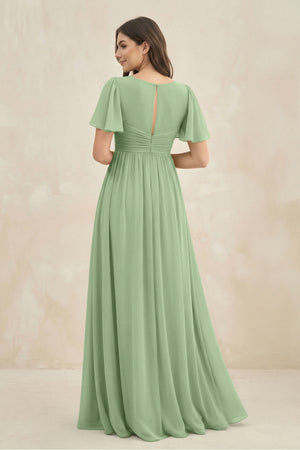 Matcha Short Sleeve Chiffon V-Neck A-Line Bridesmaid Dress (2) | KISSBRIDAL