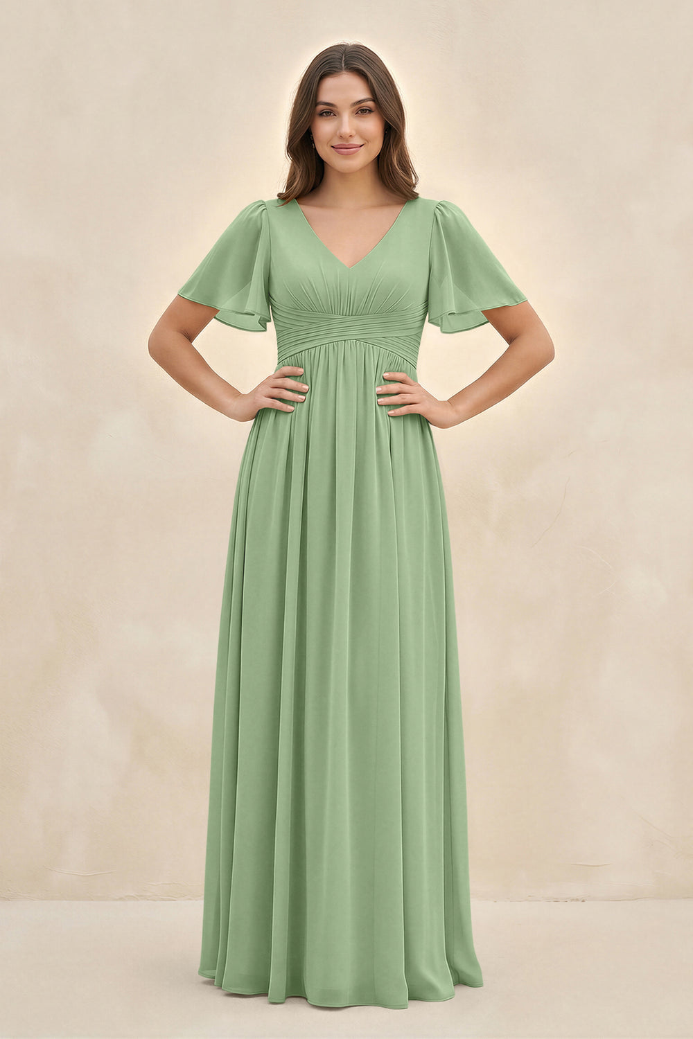 Short Sleeve Chiffon V-Neck A-Line Bridesmaid Dress in Matcha