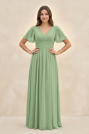 Matcha Short Sleeve Chiffon V-Neck A-Line Bridesmaid Dress | KISSBRIDAL