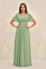 Matcha Short Sleeve Chiffon V-Neck A-Line Bridesmaid Dress | KISSBRIDAL