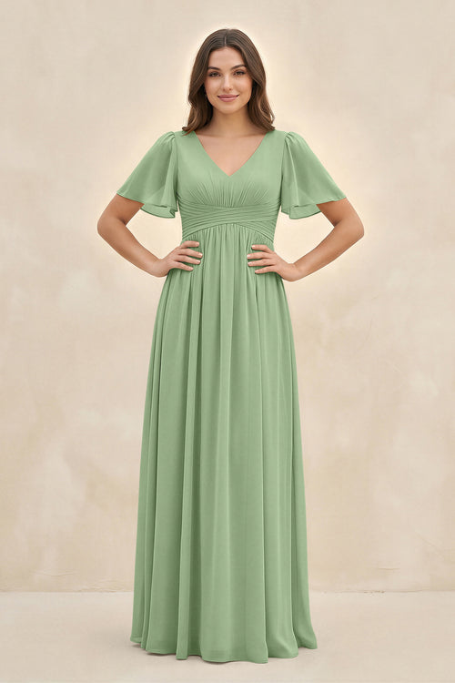 Matcha Short Sleeve Chiffon V-Neck A-Line Bridesmaid Dress | KISSBRIDAL