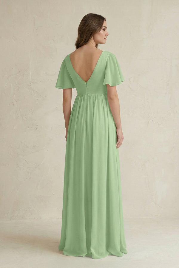 Matcha Short Sleeve V-Neck A-Line Chiffon Bridesmaid Dress (2) | KISSBRIDAL