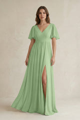 Matcha Short Sleeve V-Neck A-Line Chiffon Bridesmaid Dress | KISSBRIDAL