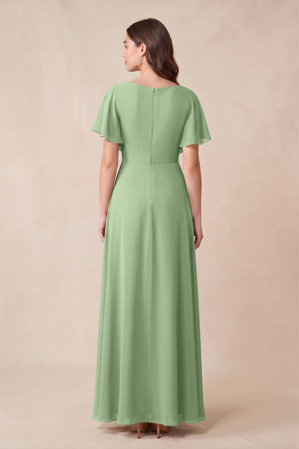 Matcha Short Sleeves Bateau A-Line Chiffon Bridesmaid Dress (2) | KISSBRIDAL