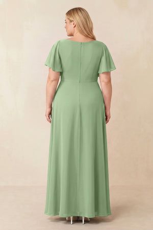 Matcha Short Sleeves Bateau A-Line Chiffon Bridesmaid Dress (2) [sizeplus] | KISSBRIDAL