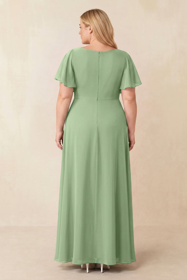 Matcha Short Sleeves Bateau A-Line Chiffon Bridesmaid Dress (2) [sizeplus] | KISSBRIDAL