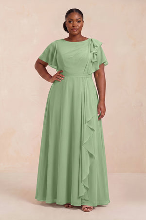 Matcha Short Sleeves Bateau A-Line Chiffon Bridesmaid Dress (3) [sizeplus] | KISSBRIDAL