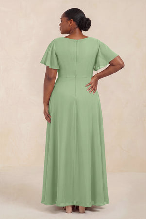 Matcha Short Sleeves Bateau A-Line Chiffon Bridesmaid Dress (4) [sizeplus] | KISSBRIDAL