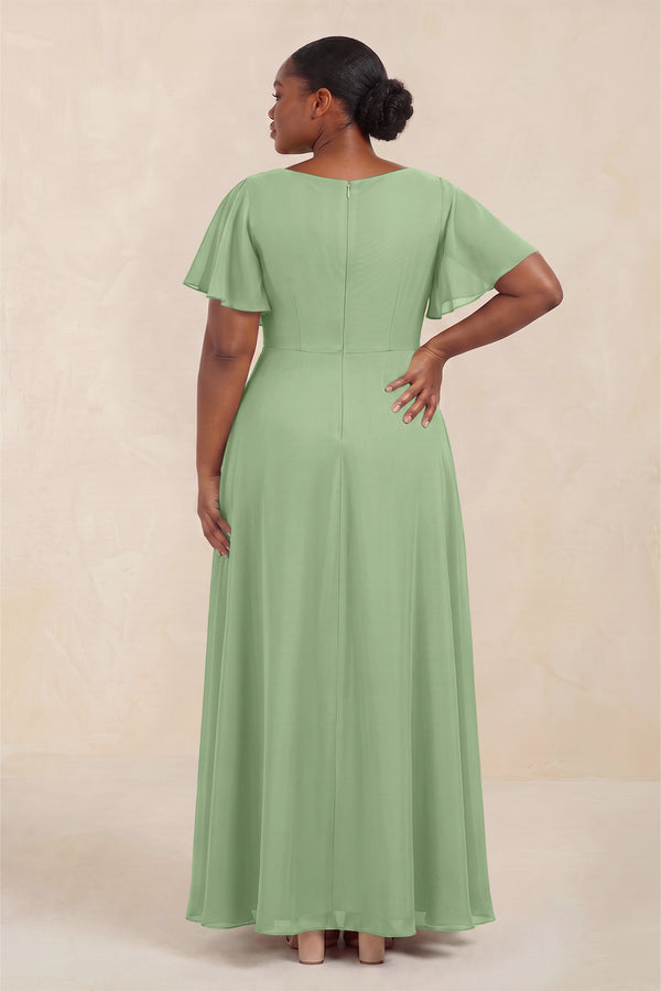 Matcha Short Sleeves Bateau A-Line Chiffon Bridesmaid Dress (4) [sizeplus] | KISSBRIDAL