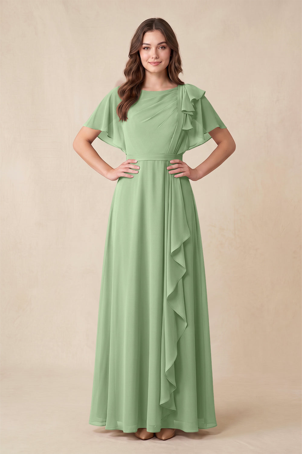 Short Sleeves Bateau A-Line Chiffon Bridesmaid Dress in Matcha