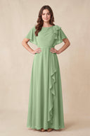 Matcha Short Sleeves Bateau A-Line Chiffon Bridesmaid Dress | KISSBRIDAL