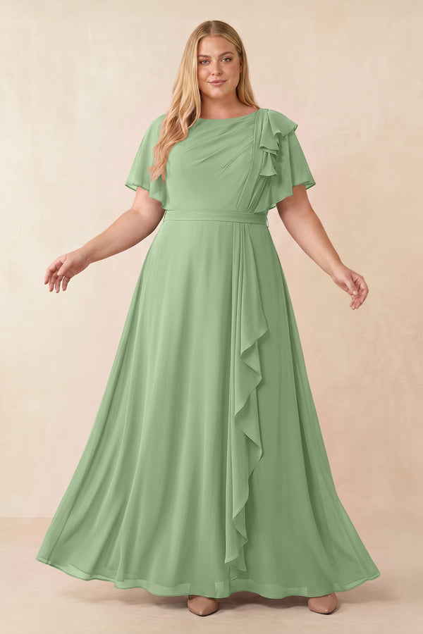 Matcha Short Sleeves Bateau A-Line Chiffon Bridesmaid Dress [sizeplus] | KISSBRIDAL