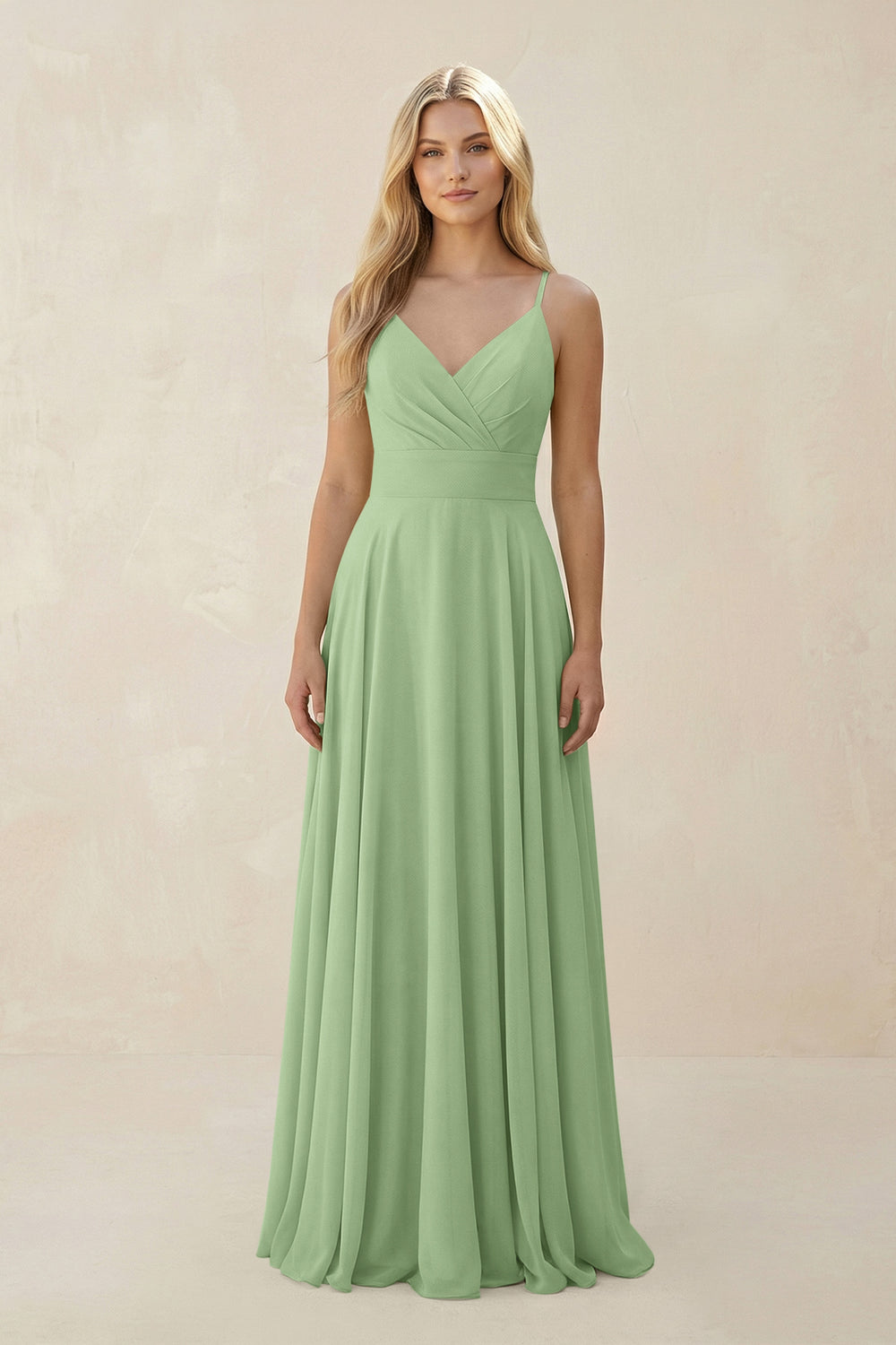 Spaghetti Strap A-Line Chiffon Bridesmaid Dress in Matcha