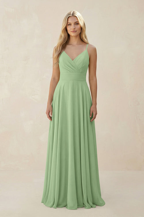 Matcha Spaghetti Strap A-Line Chiffon Bridesmaid Dress | KISSBRIDAL