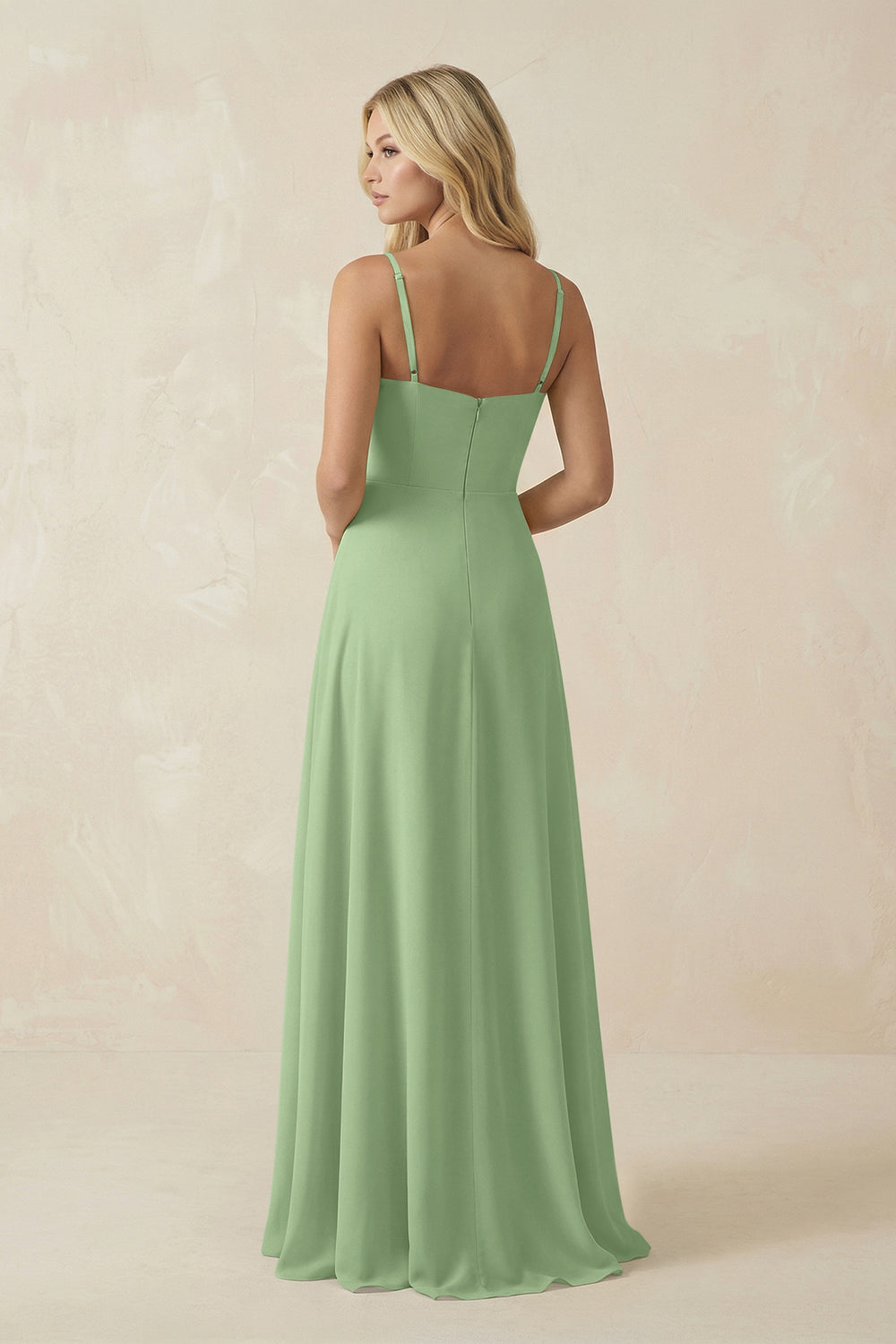 Spaghetti Strap Chiffon A-Line Bridesmaid Dress in Matcha