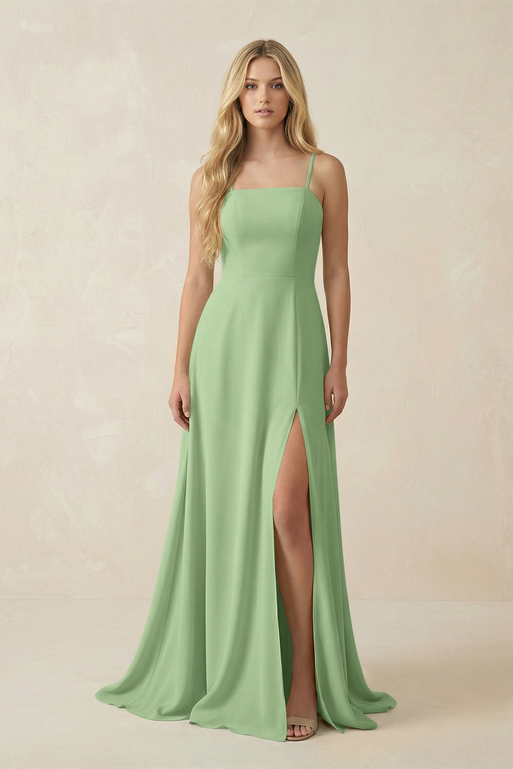 Spaghetti Strap Chiffon A-Line Bridesmaid Dress in Matcha