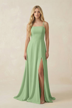 Matcha Spaghetti Strap Chiffon A-Line Bridesmaid Dress | KISSBRIDAL