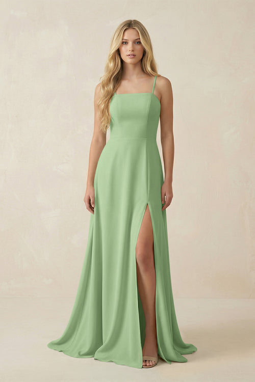 Matcha Spaghetti Strap Chiffon A-Line Bridesmaid Dress | KISSBRIDAL