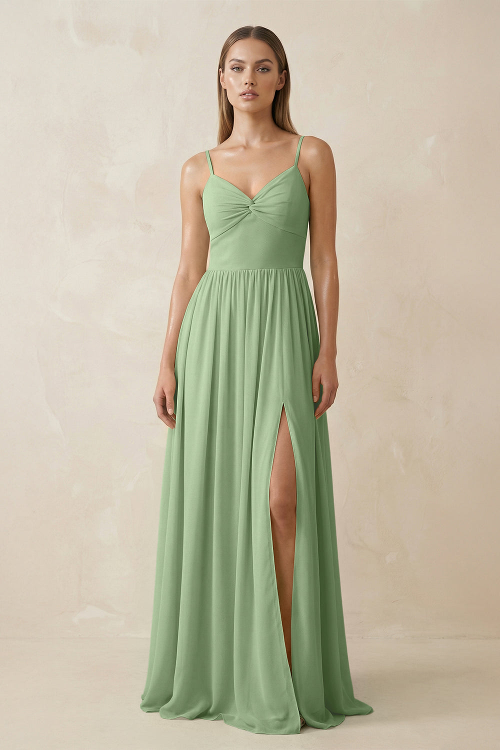 Spaghetti Strap Pleated A-Line Chiffon Bridesmaid Dress in Matcha