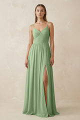 Matcha Spaghetti Strap Pleated A-Line Chiffon Bridesmaid Dress | KISSBRIDAL