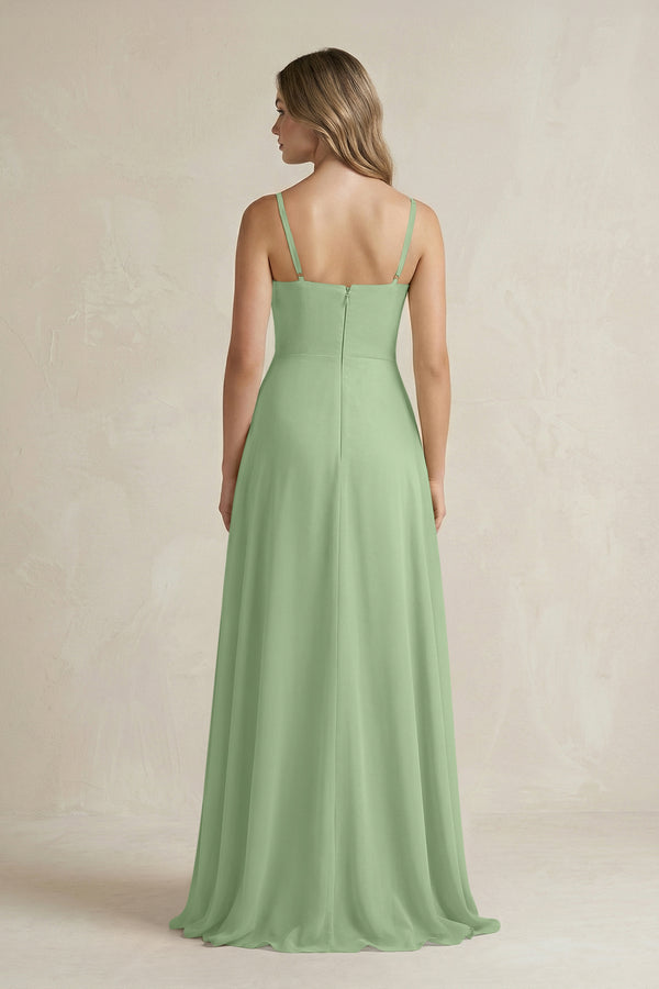 Matcha Spaghetti Strap Ruffled A-Line Chiffon Bridesmaid Dress (2) | KISSBRIDAL