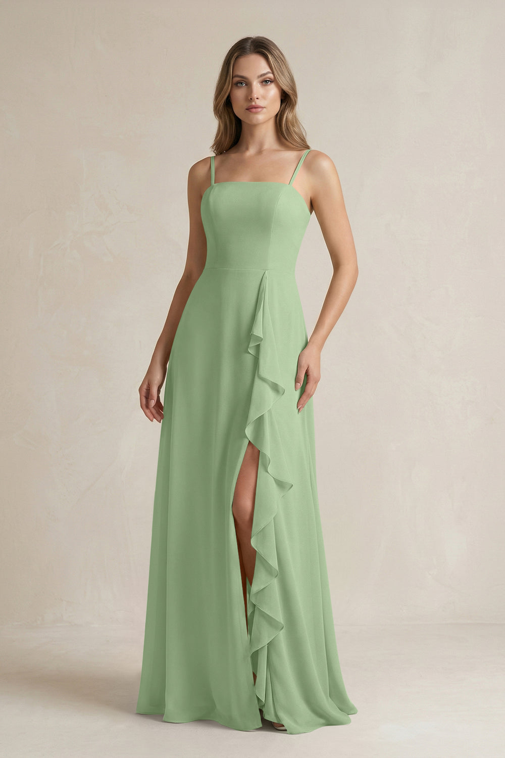 Spaghetti Strap Ruffled A-Line Chiffon Bridesmaid Dress in Matcha