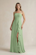 Matcha Spaghetti Strap Ruffled A-Line Chiffon Bridesmaid Dress | KISSBRIDAL