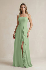 Matcha Spaghetti Strap Ruffled A-Line Chiffon Bridesmaid Dress | KISSBRIDAL