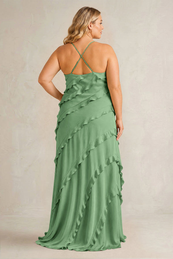 Matcha Spaghetti Straps Sheath Stain Ruffled Bridesmaid Dress (2) | KISSBRIDAL[sizeplus]