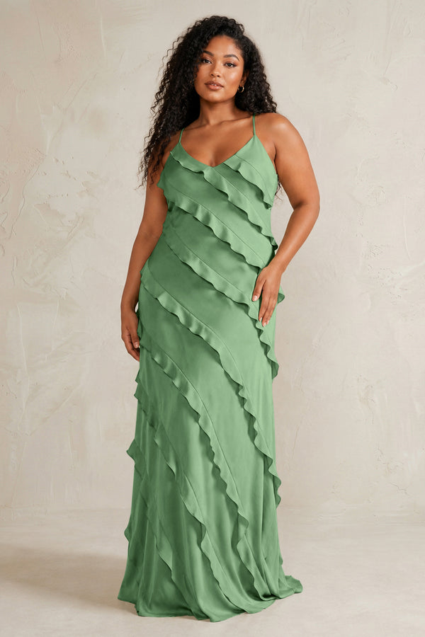 Matcha Spaghetti Straps Sheath Stain Ruffled Bridesmaid Dress (3) | KISSBRIDAL[sizeplus]