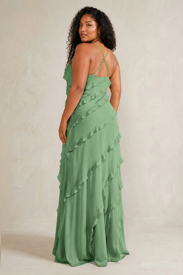 Matcha Spaghetti Straps Sheath Stain Ruffled Bridesmaid Dress (4) | KISSBRIDAL[sizeplus]