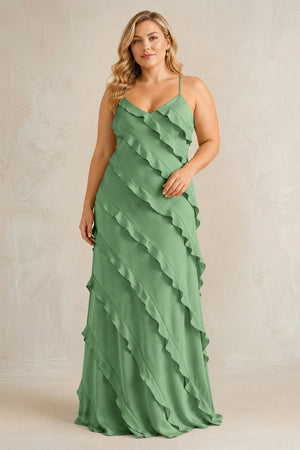 Matcha Spaghetti Straps Sheath Stain Ruffled Bridesmaid Dress | KISSBRIDAL[sizeplus]