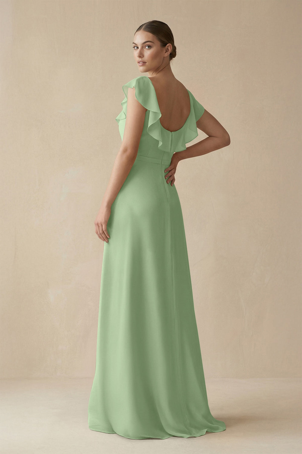 Square Neck A-Line Bridesmaid Dress with Ruffles in Matcha