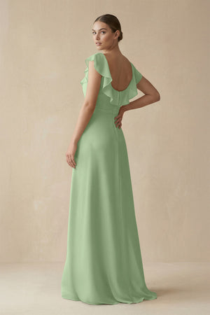 Matcha Square Neck A-Line Bridesmaid Dress with Ruffles (2) | KISSBRIDAL