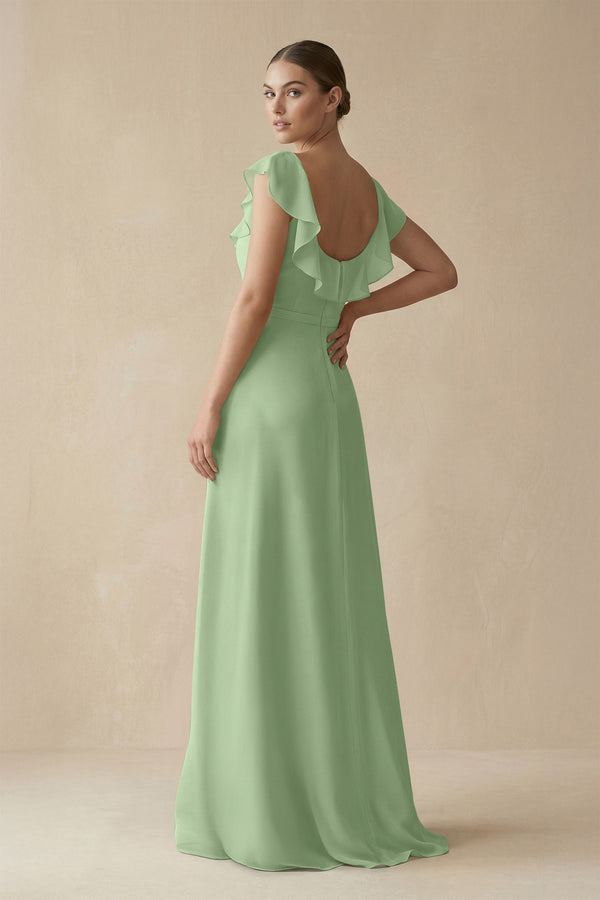 Matcha Square Neck A-Line Bridesmaid Dress with Ruffles (2) | KISSBRIDAL