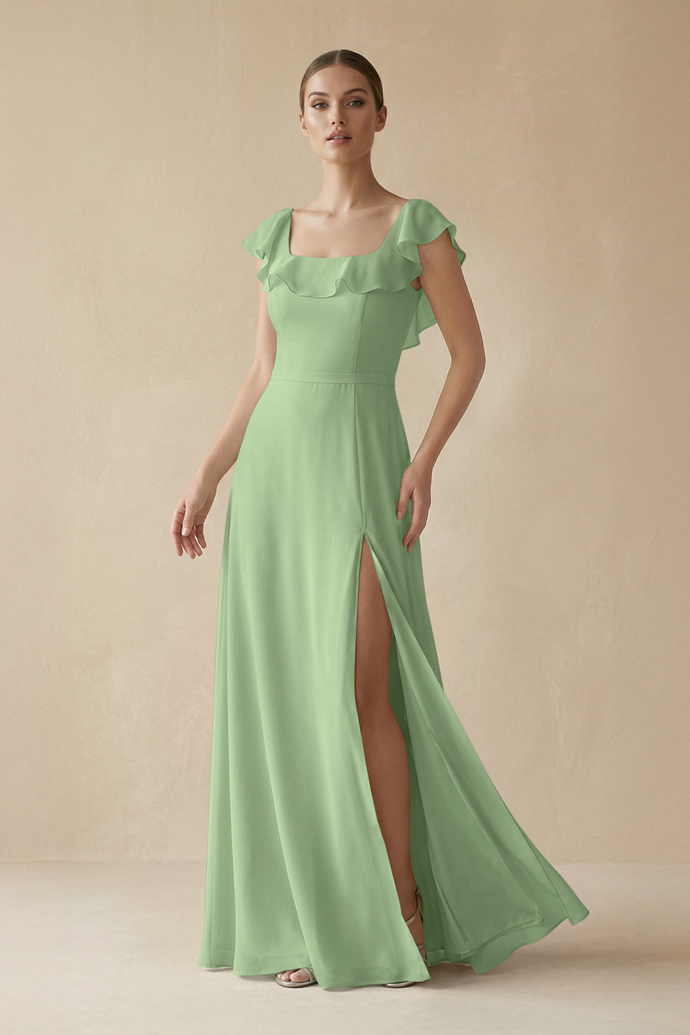 Square Neck A-Line Bridesmaid Dress with Ruffles in Matcha