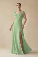 Matcha Square Neck A-Line Bridesmaid Dress with Ruffles | KISSBRIDAL
