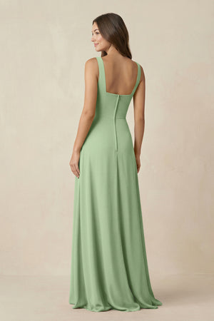 Matcha Square Neck A-Line Bridesmaid Dress With Slit (2) | KISSBRIDAL