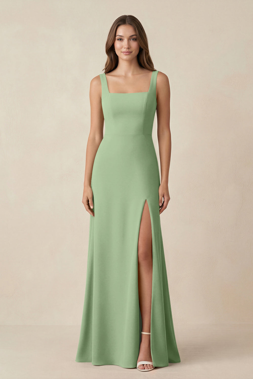 Square Neck A-Line Bridesmaid Dress With Slit in Matcha