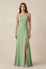 Matcha Square Neck A-Line Bridesmaid Dress With Slit | KISSBRIDAL