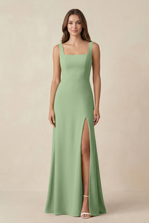 Matcha Square Neck A-Line Bridesmaid Dress With Slit | KISSBRIDAL