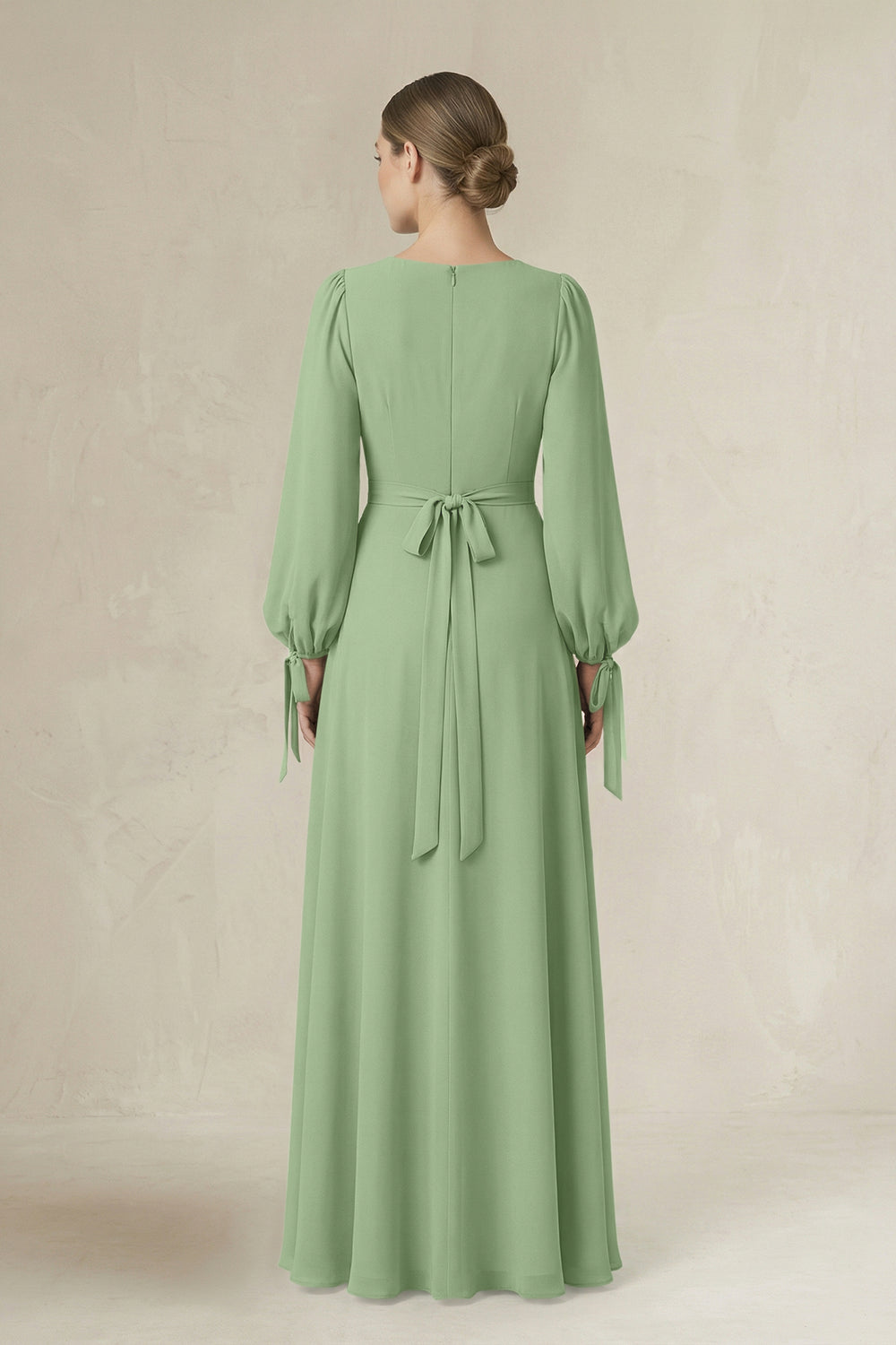 Square Neck Long Sleeve A-Line Chiffon Bridesmaid Dress in Matcha