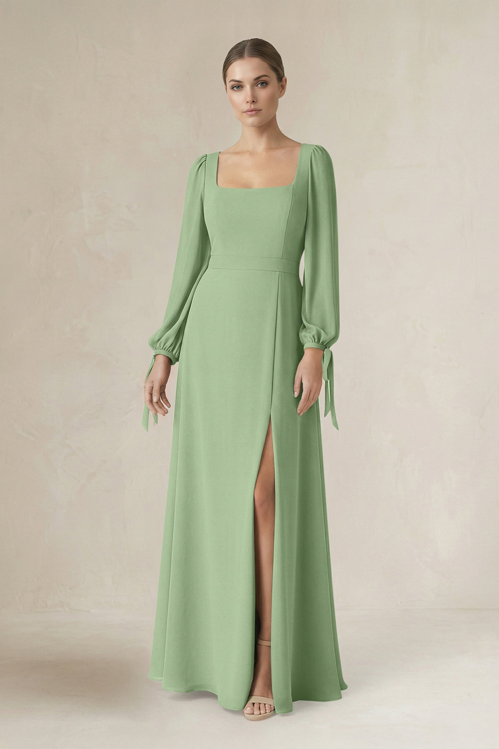 Square Neck Long Sleeve A-Line Chiffon Bridesmaid Dress in Matcha