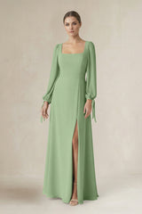Matcha Square Neck Long Sleeve A-Line Chiffon Bridesmaid Dress in Matcha | KISSBRIDAL