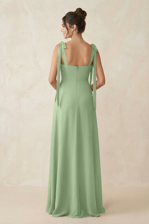 Matcha Square Neck Sheath Chiffon Bridesmaid Dress with Bow (2) | KISSBRIDAL