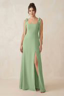 Matcha Square Neck Sheath Chiffon Bridesmaid Dress with Bow | KISSBRIDAL